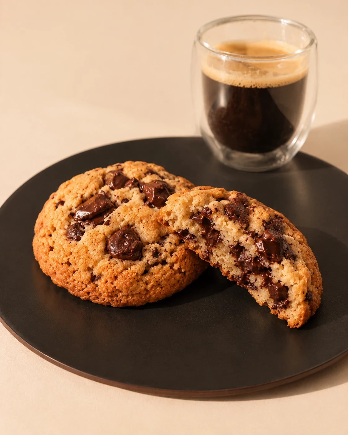 Cookie clásica entera y otra partida al medio, con chocolate derretido, junto a un café