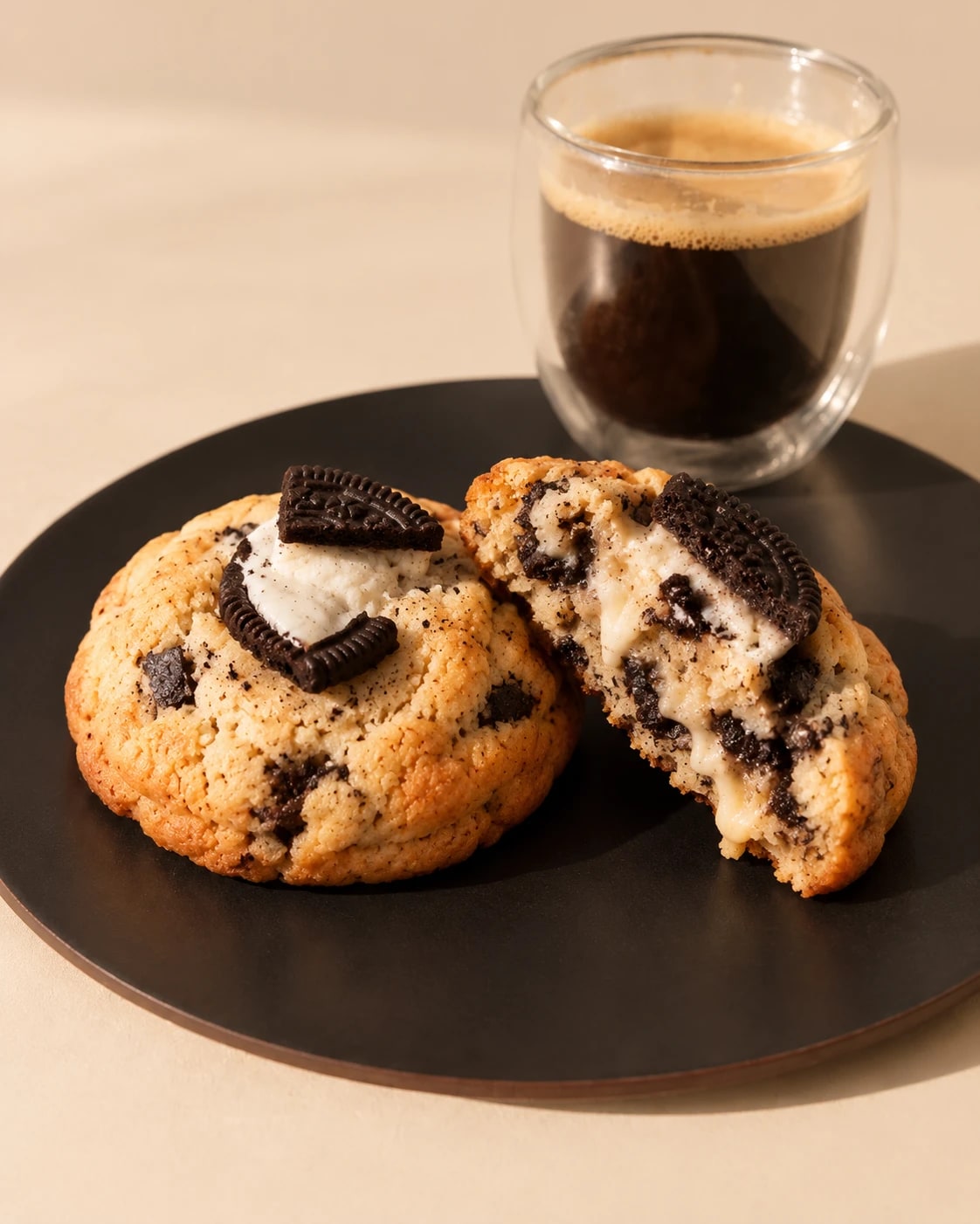 Cookie de Oreo entera y otra partida al medio, sobre un plato negro, junto a un café