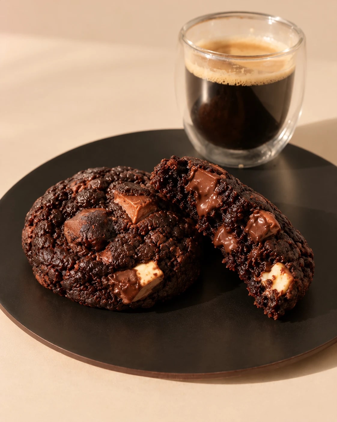 Cookie de triple chocolate entera y otra partida al medio, junto a un café