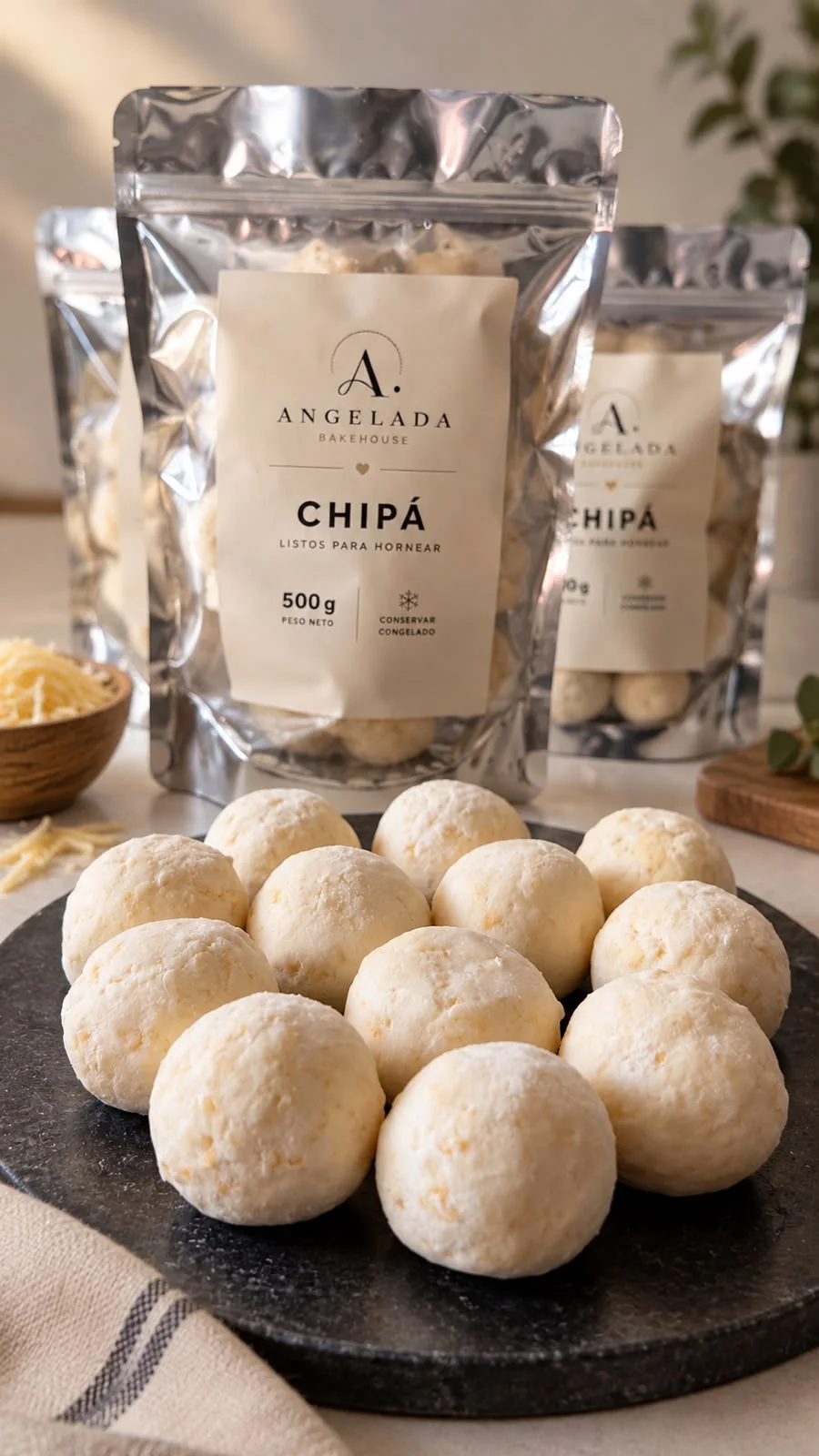 Bolsa de Chipá de Angelada, 500 gramos, frente a una fuente con bolitas de chipá crudo