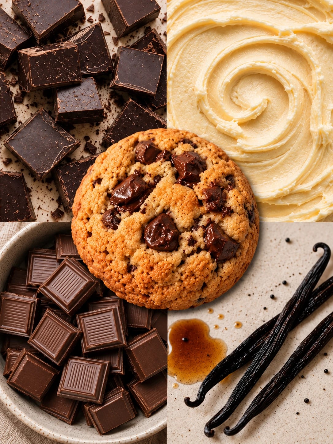 Collage ilustrativo de la cookie clásica: chocolate, manteca y vainilla, con la cookie en el centro