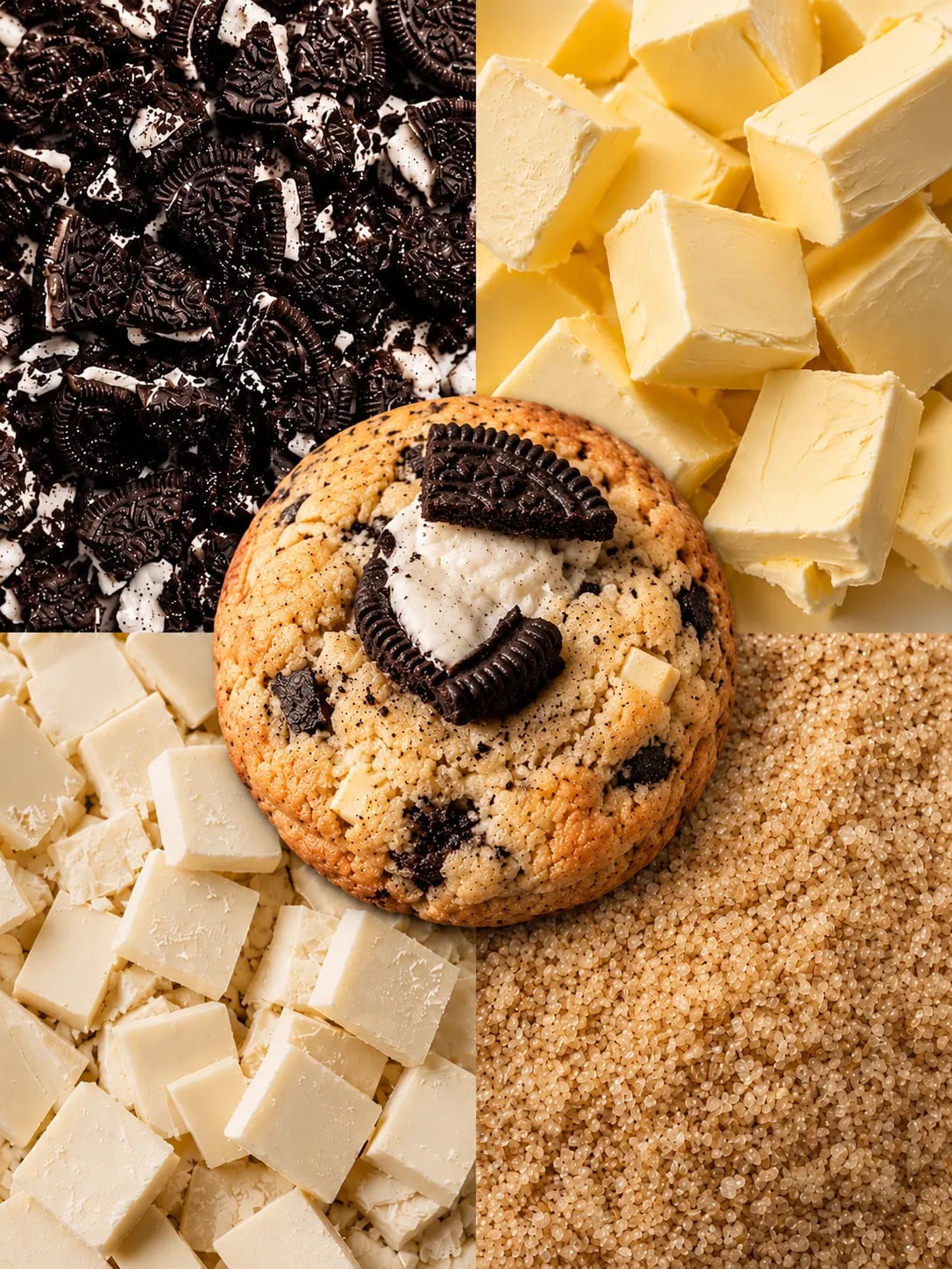 Los ingredientes de la cookie de Oreo: Oreo triturada, manteca, chocolate blanco y azúcar rubio, con la cookie en el centro