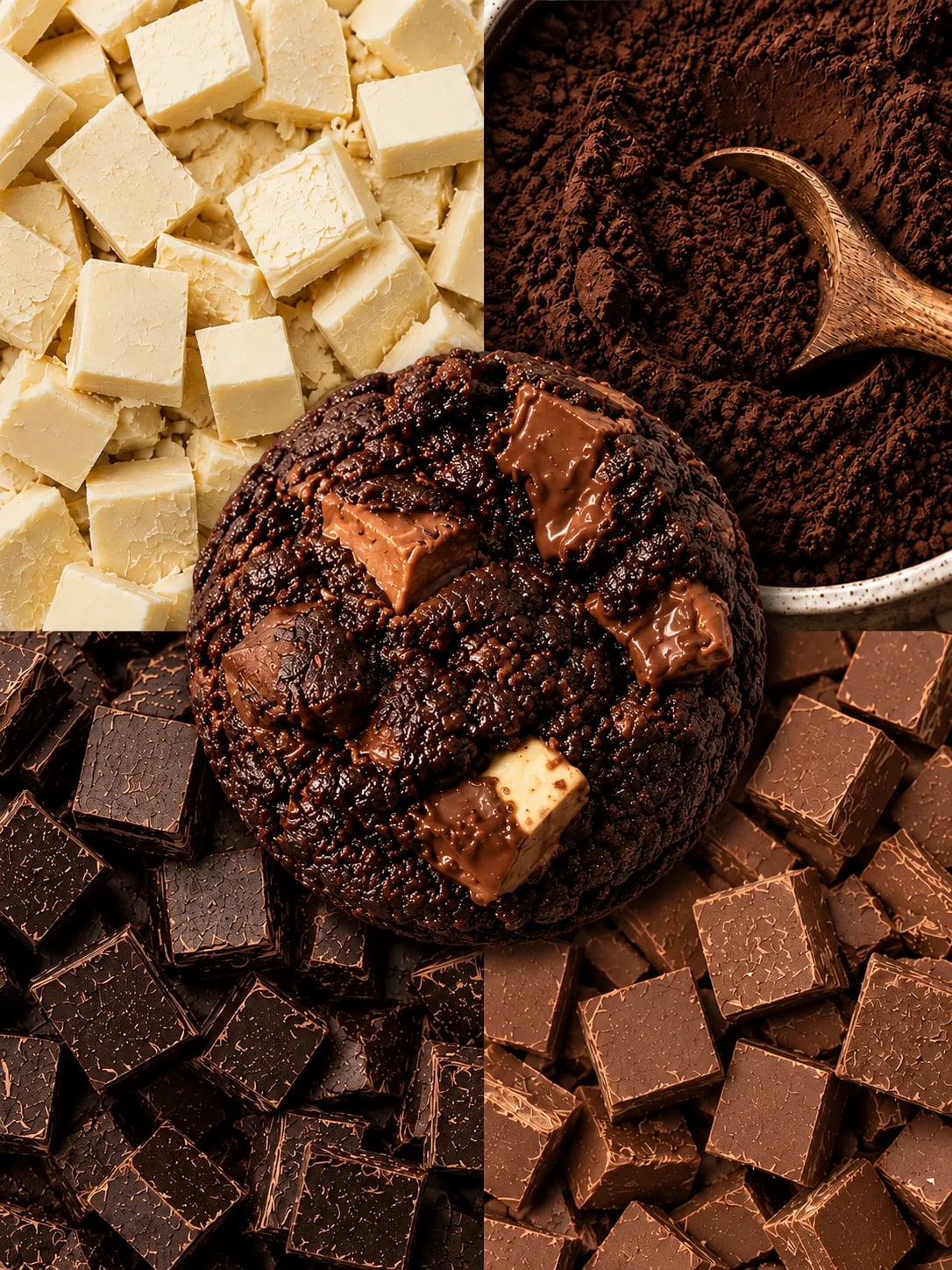 Los ingredientes de la cookie de triple chocolate: chocolate blanco, cacao, chocolate semiamargo y chocolate con leche, con la cookie en el centro
