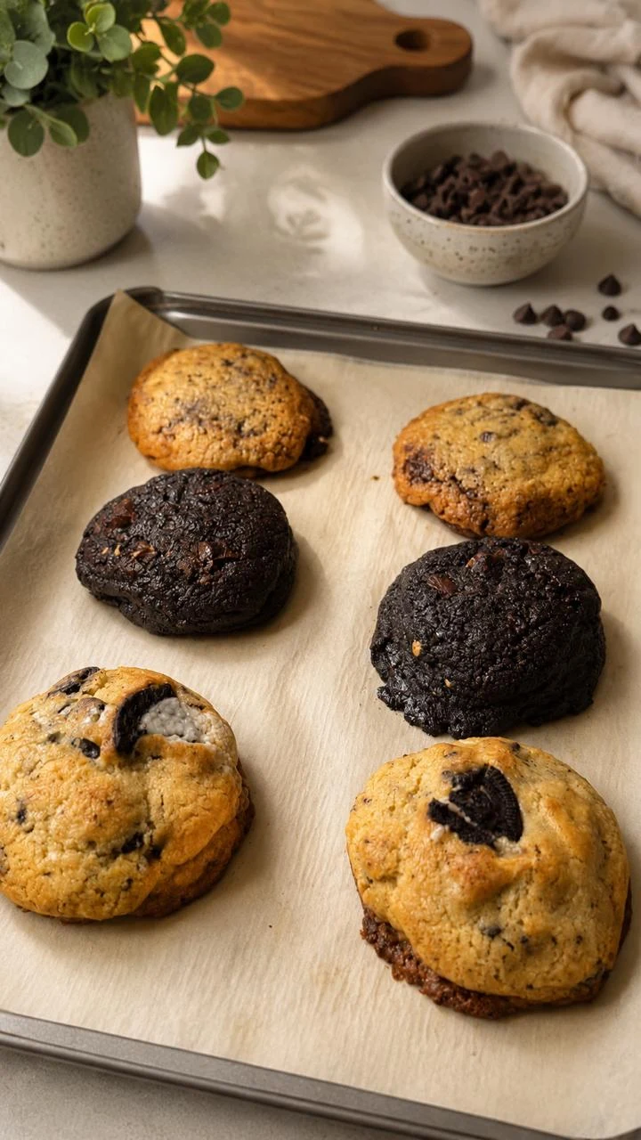 Seis cookies recién horneadas sobre una bandeja con papel manteca