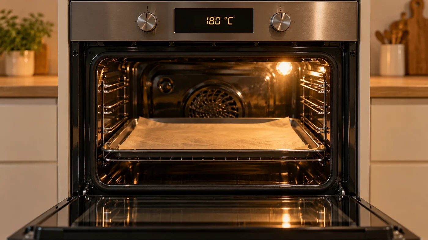 Horno precalentado con la puerta abierta y una bandeja con papel manteca adentro