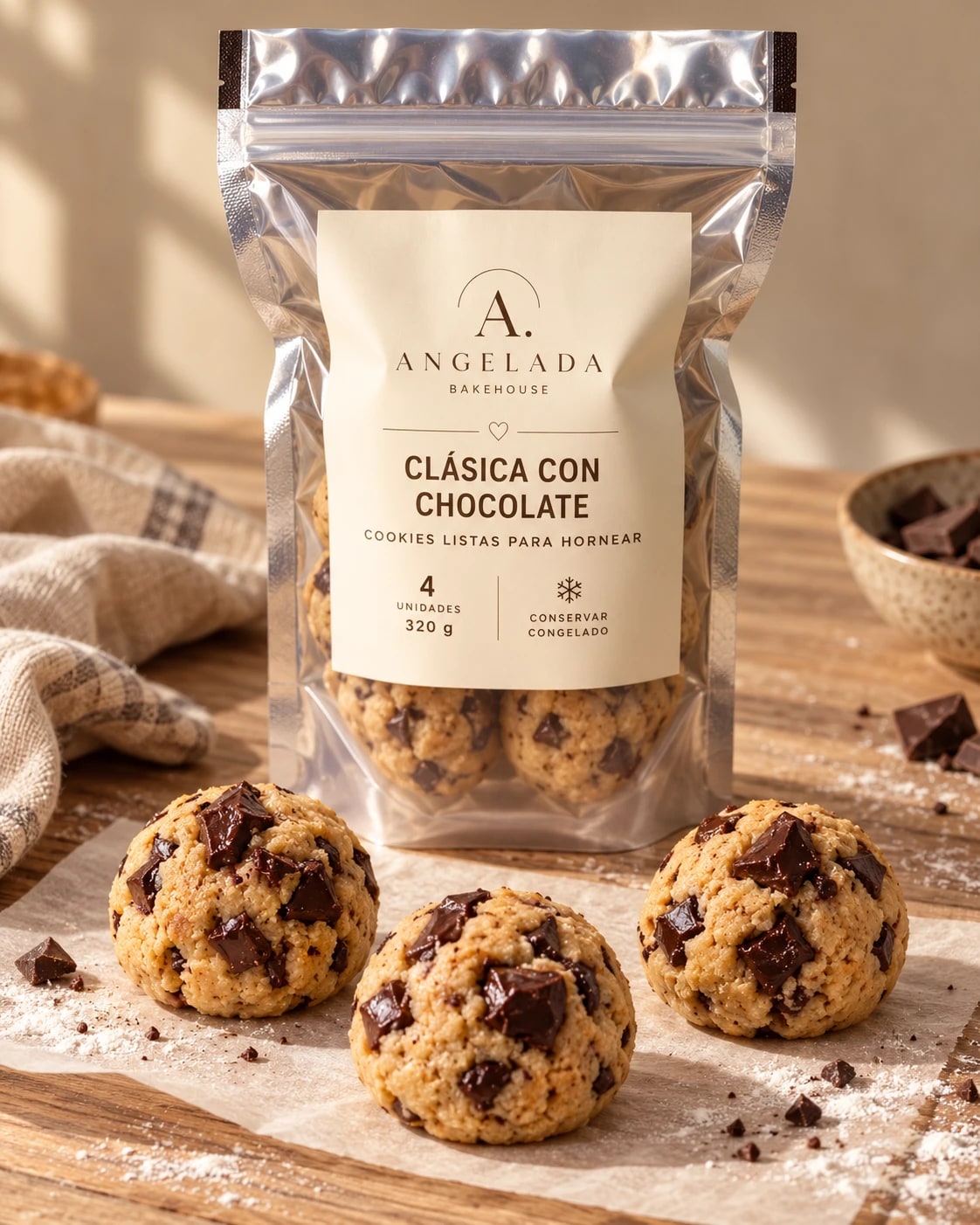 Bolsa de Clásica con Chocolate y tres bolitas de masa cruda sobre papel manteca, listas para hornear