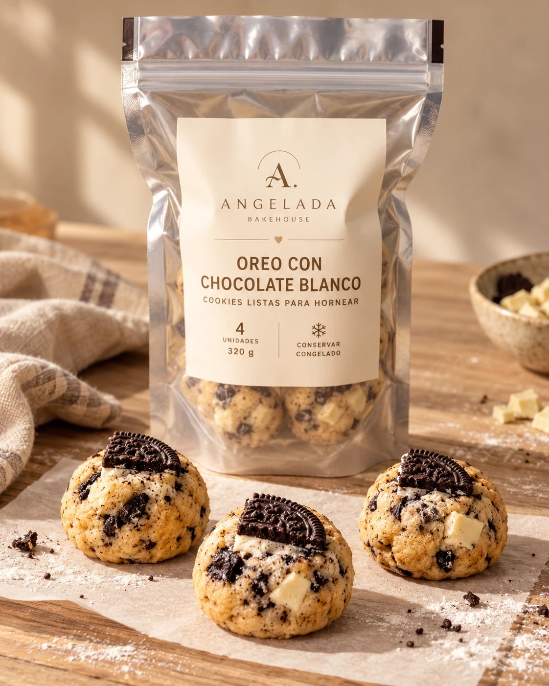 Bolsa de Oreo con Chocolate Blanco y tres bolitas de masa cruda sobre papel manteca, listas para hornear