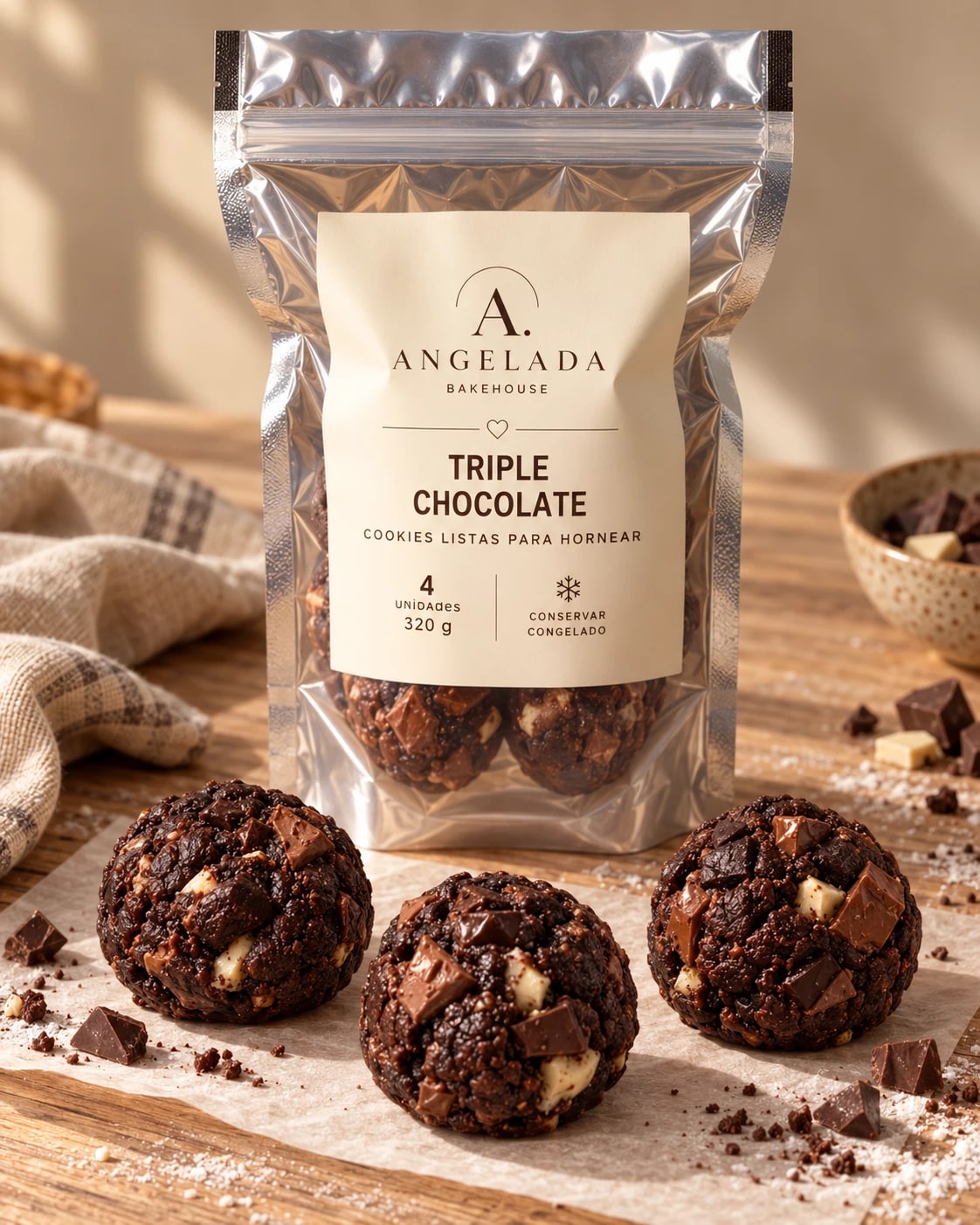 Bolsa de Triple Chocolate y tres bolitas de masa cruda sobre papel manteca, listas para hornear