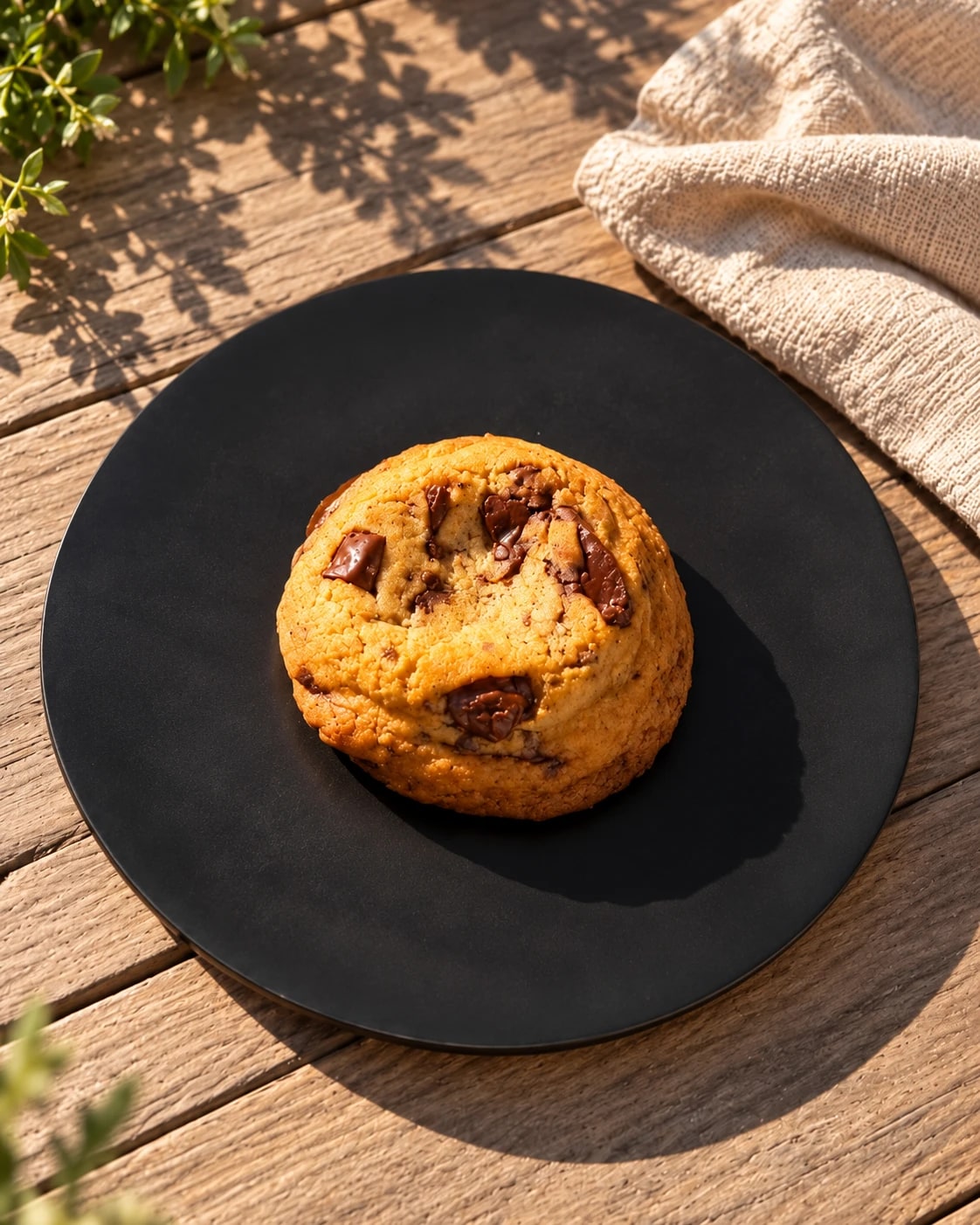 Cookie clásica con chocolate sola sobre un plato negro, en una mesa de madera al sol