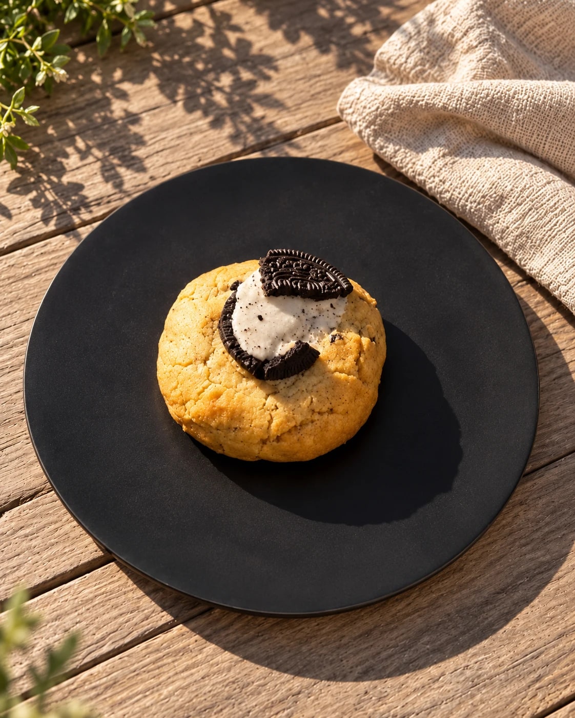 Cookie de Oreo con chocolate blanco sola sobre un plato negro, en una mesa de madera al sol