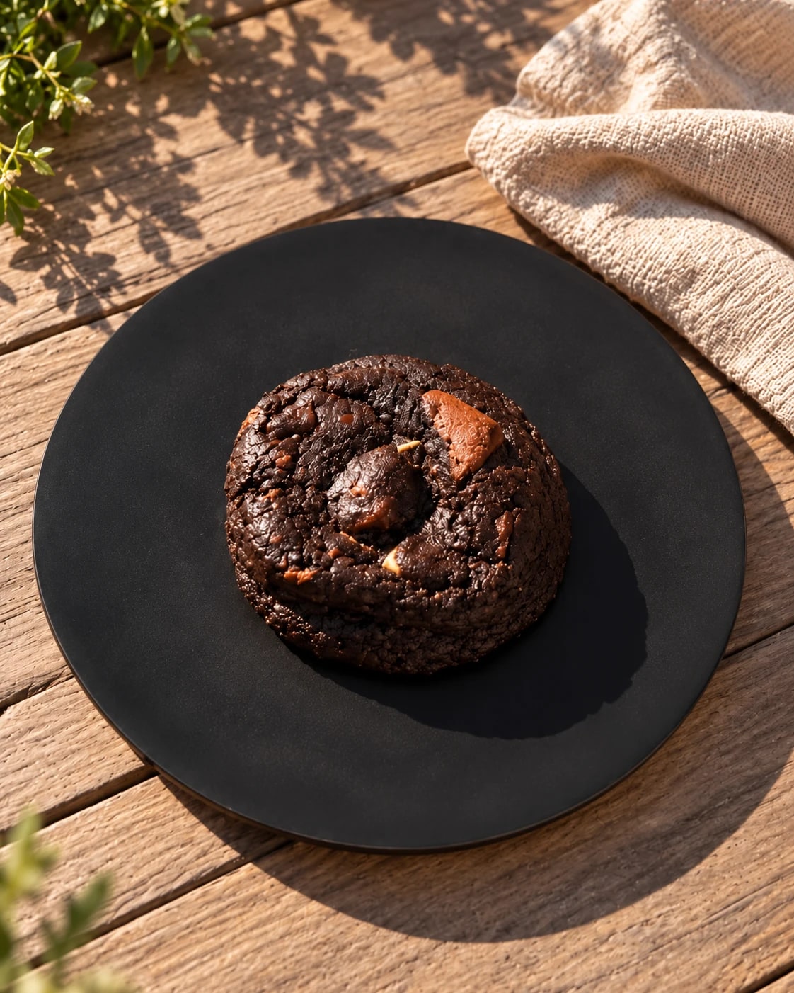 Cookie de triple chocolate sola sobre un plato negro, en una mesa de madera al sol