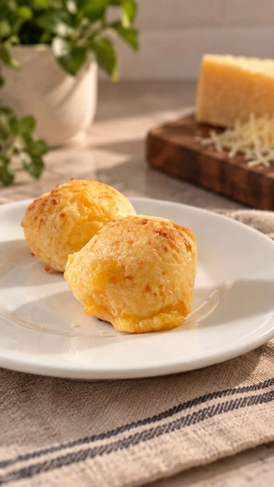 Dos chipá recién horneados sobre un plato blanco, con el queso derretido asomando
